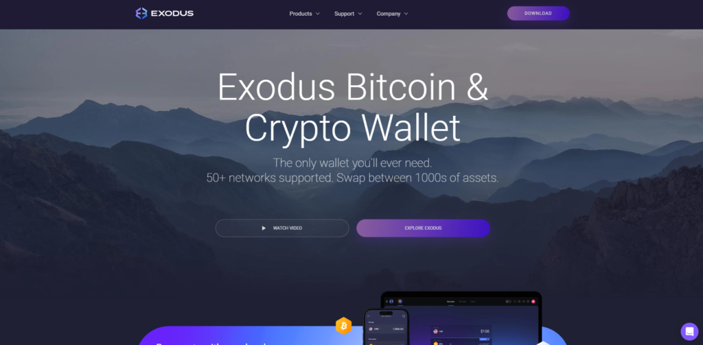 Screenshot of the homepage of exodus cryptocurrency wallets.