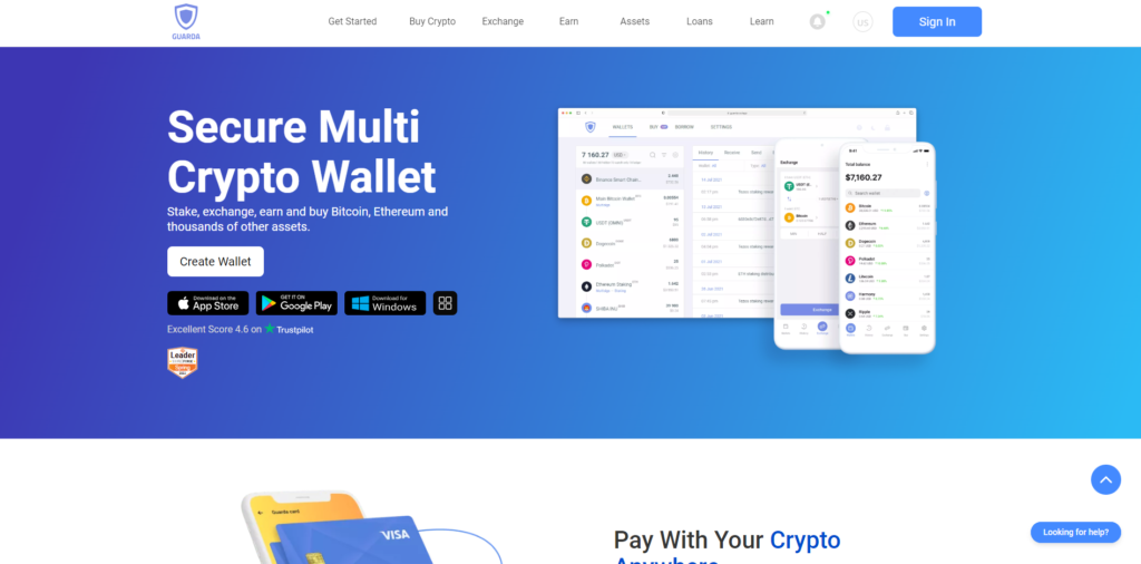 Screenshot of the homepage of guarda cryptocurrency wallets.