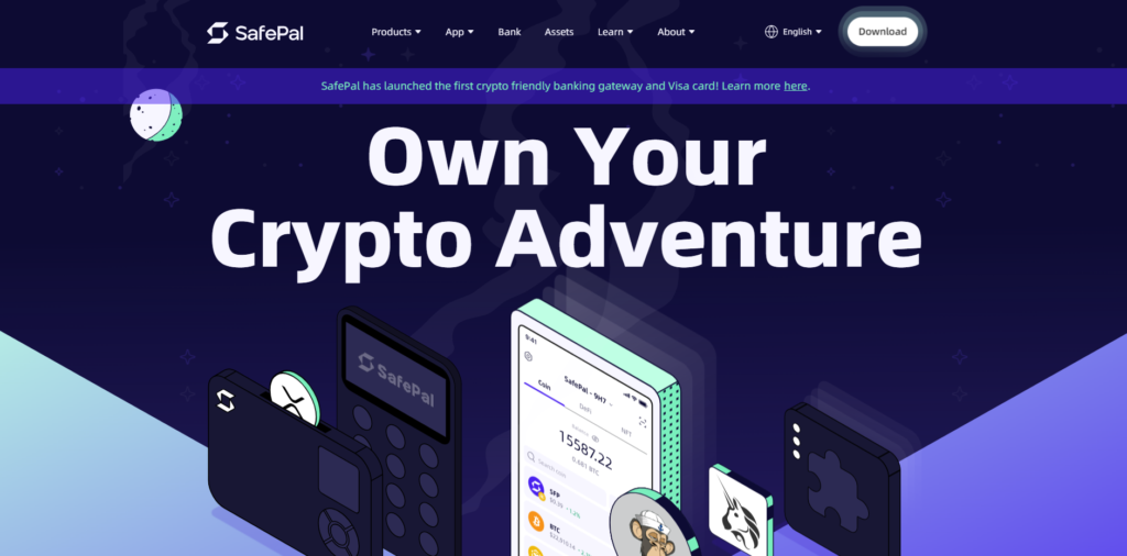 Screenshot of the homepage of safepal cryptocurrency wallets.