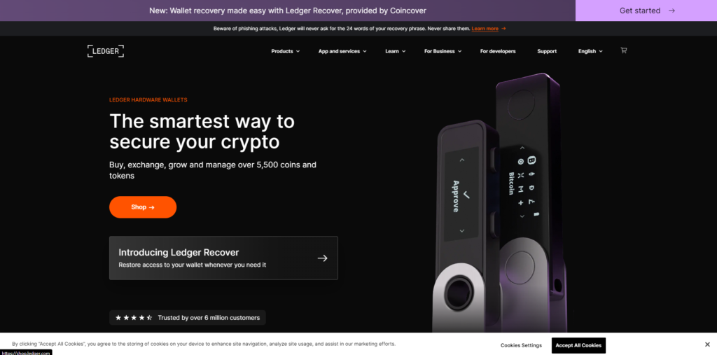 Screenshot of the homepage of ledger cryptocurrency wallets.