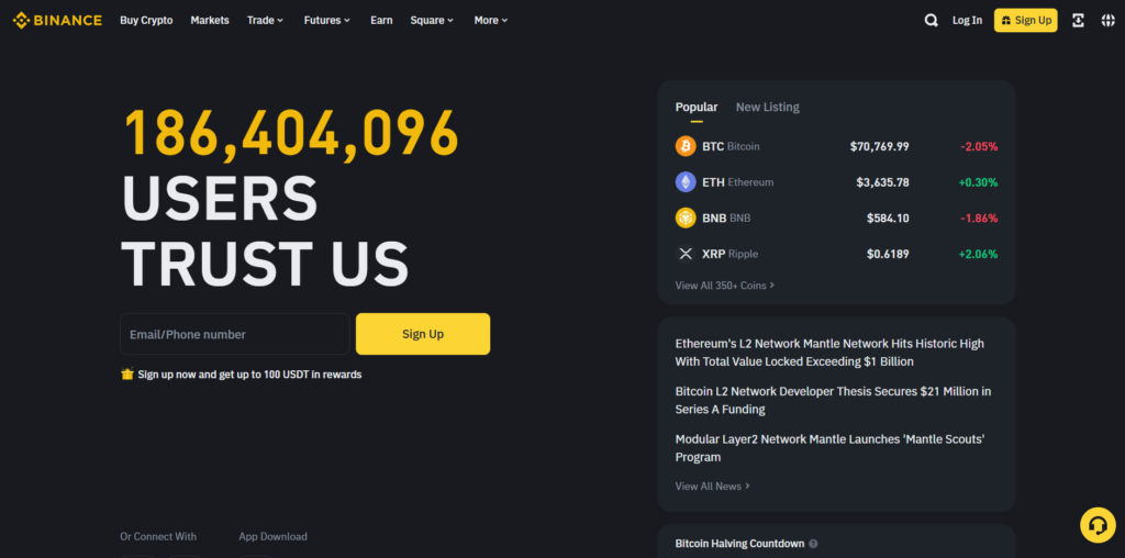 Screenshot of the binance.com cryptocurrency exchange's homepage.