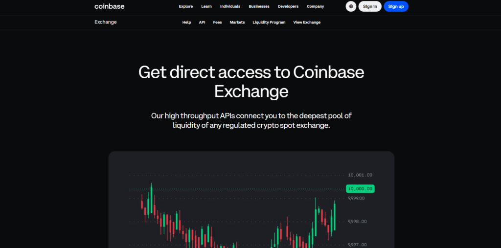 Screenshot of the coinbase cryptocurrency exchange's homepage.