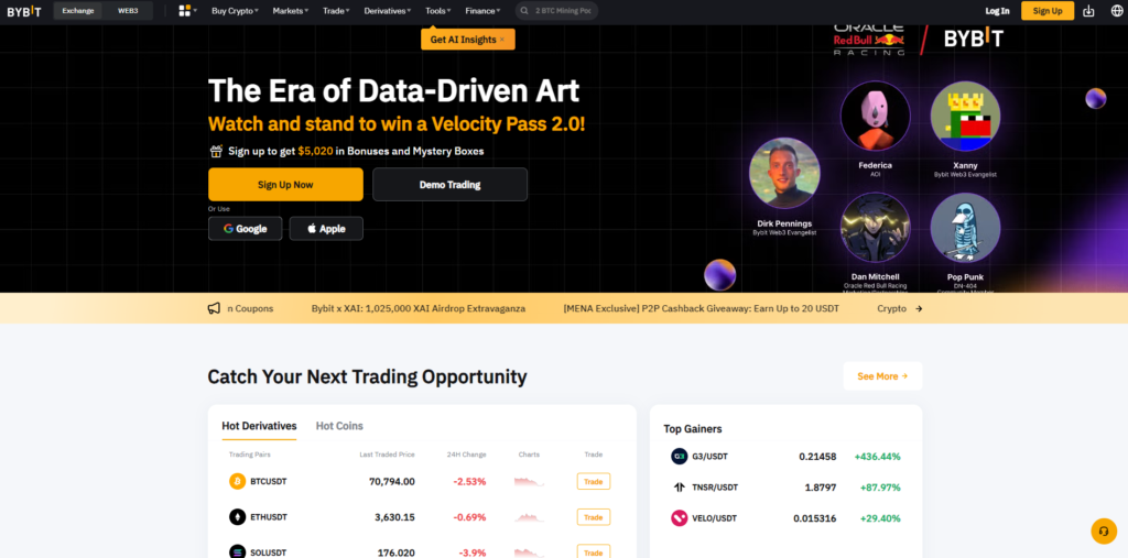 Screenshot of the bybit cryptocurrency exchange's homepage.