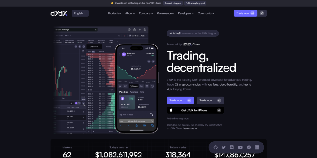 Screenshot of the dYdX exchange's homepage.